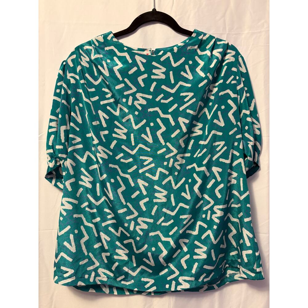 Vintage Wai Ming Abstract Print Top Teal Green Puff Sleeve Sz 13/ M